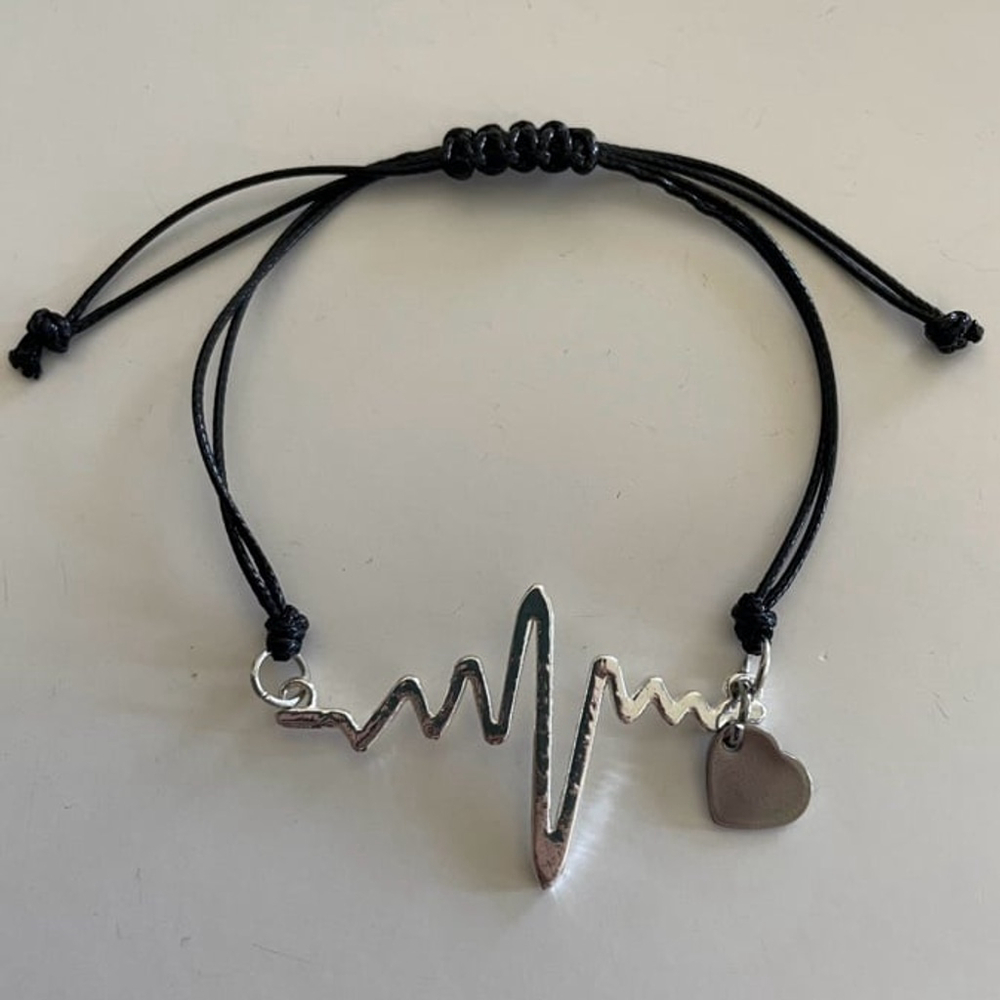 Black Cord Slide Knot Bracelet with Silver EKG Heartbeat Connector & Heart Charm